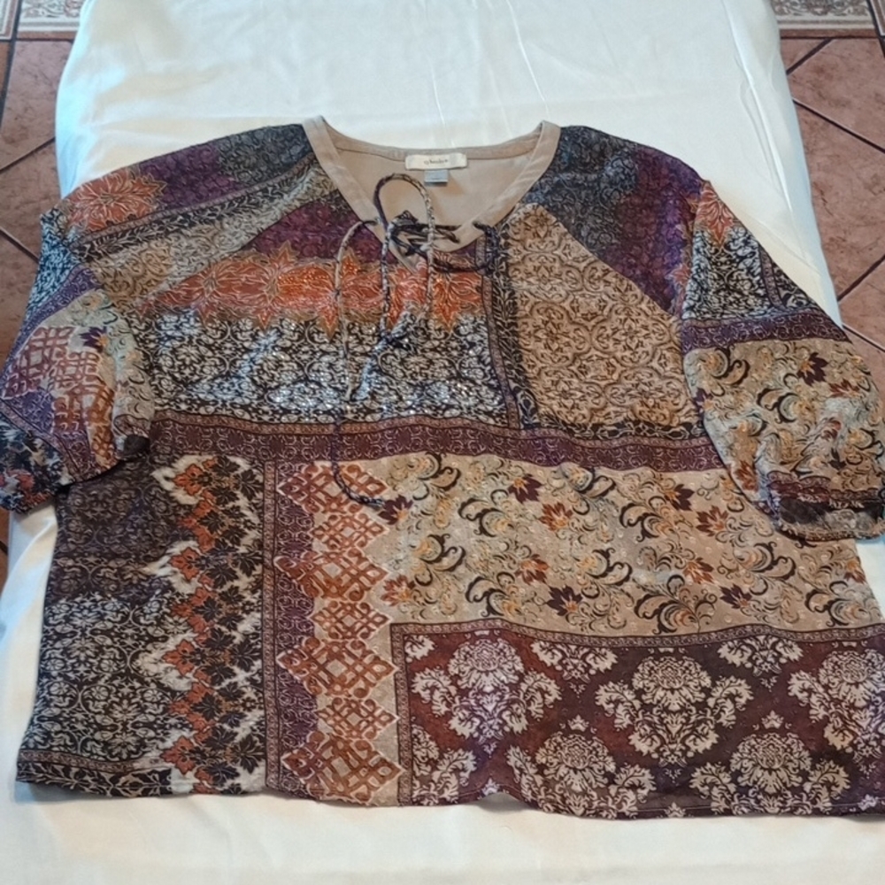 CJ Banks Lace-Up Top with Purple and Tan Accents